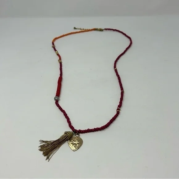 Chico's Boho Pink, Red and Orange Long Necklace with Gold Tone Heart and Tassel - Picture 4 of 6